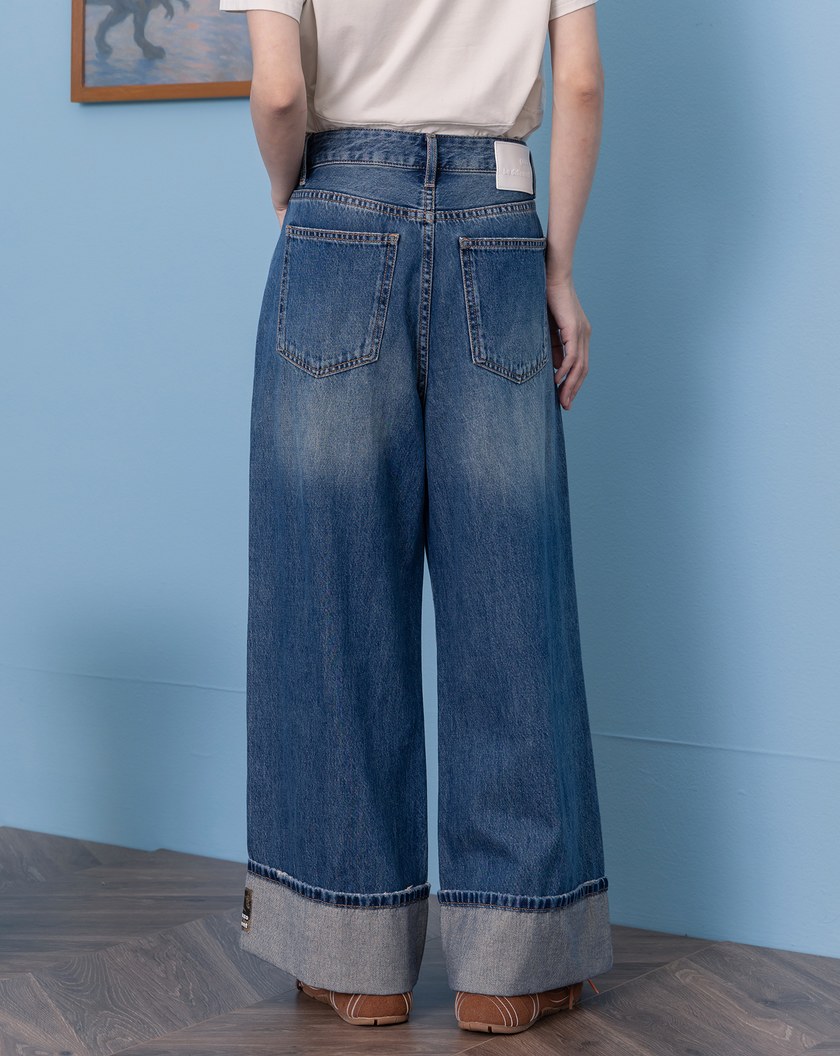 豹紋布標反折九分牛仔寬褲(兩色)