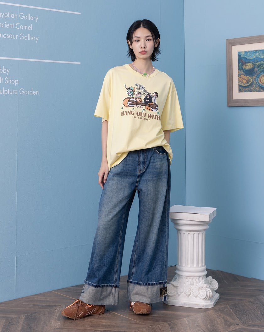 豹紋布標反折九分牛仔寬褲(兩色)