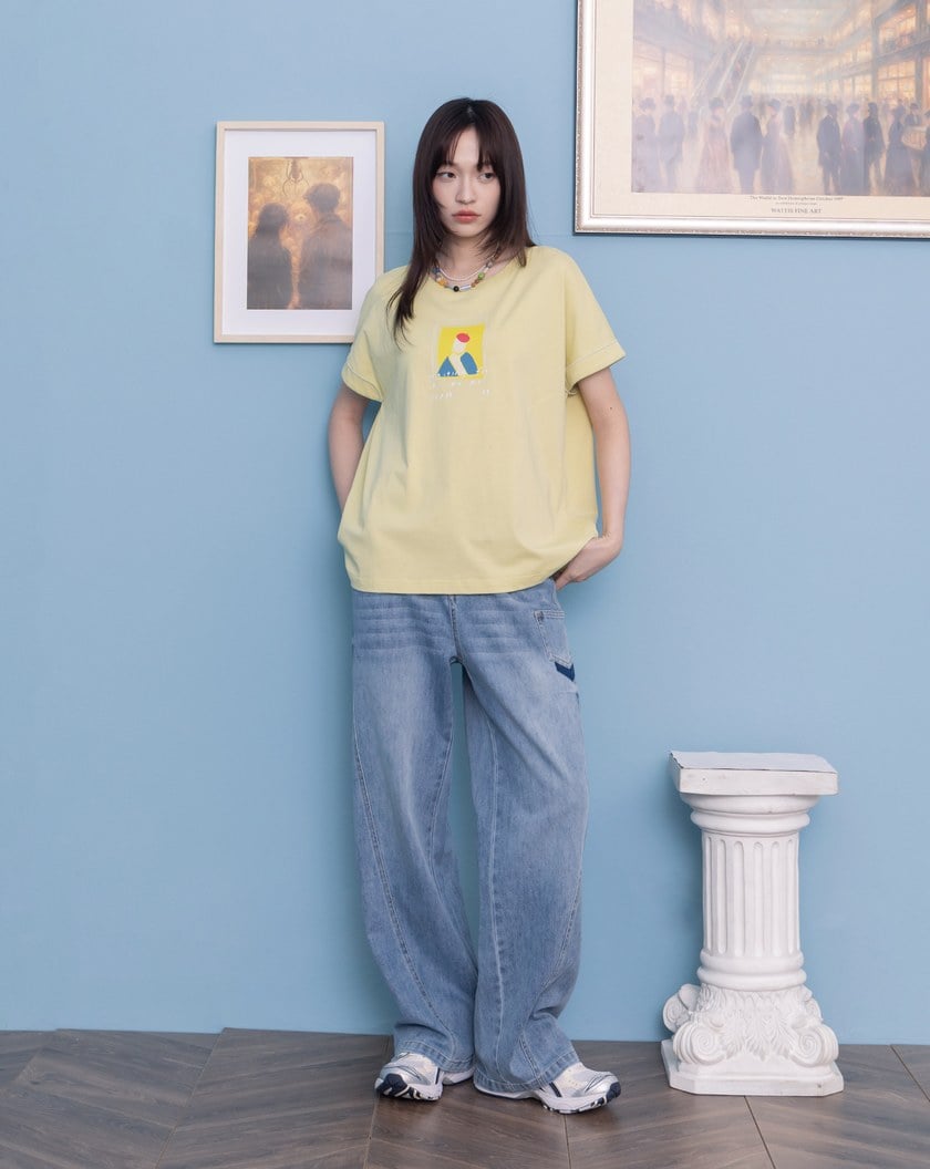 好比例水洗剪接彈性直筒牛仔褲