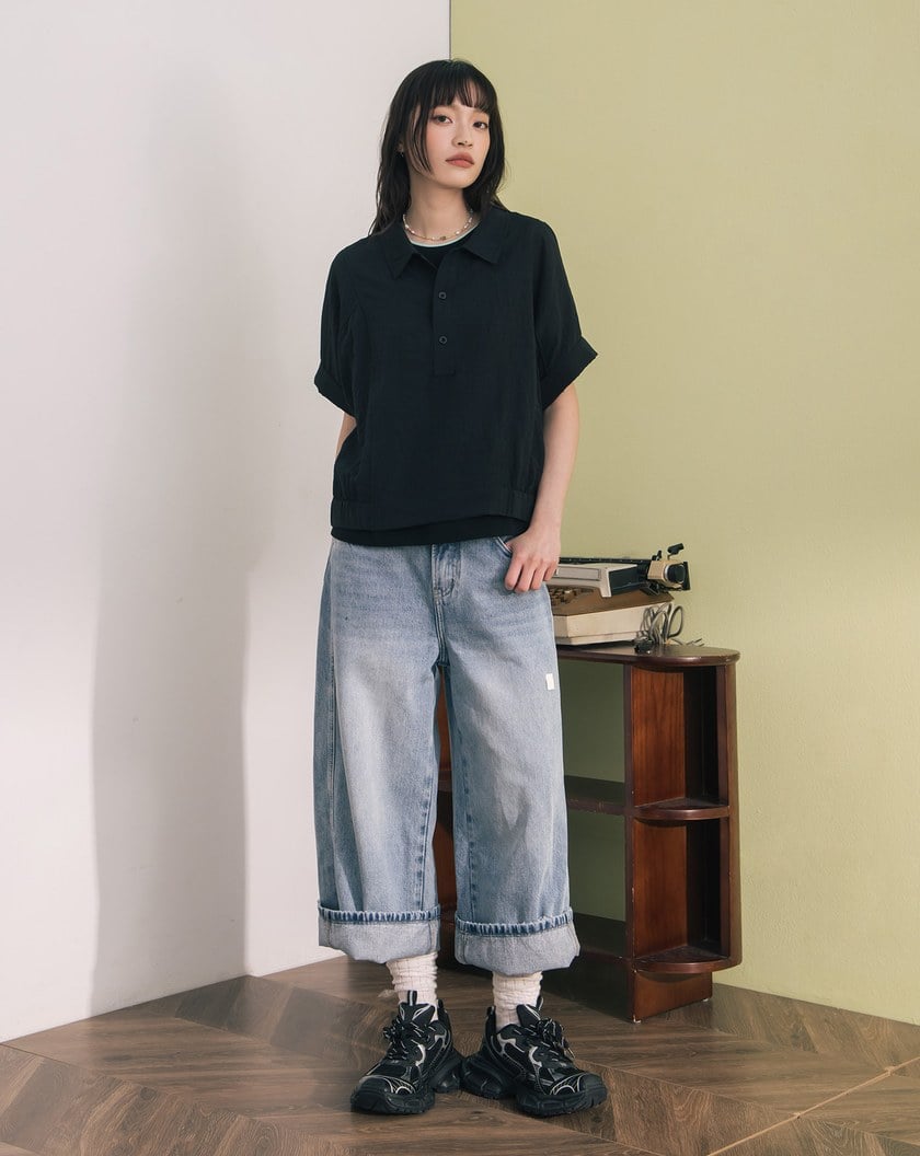 顯瘦剪接刷色直筒八分牛仔褲