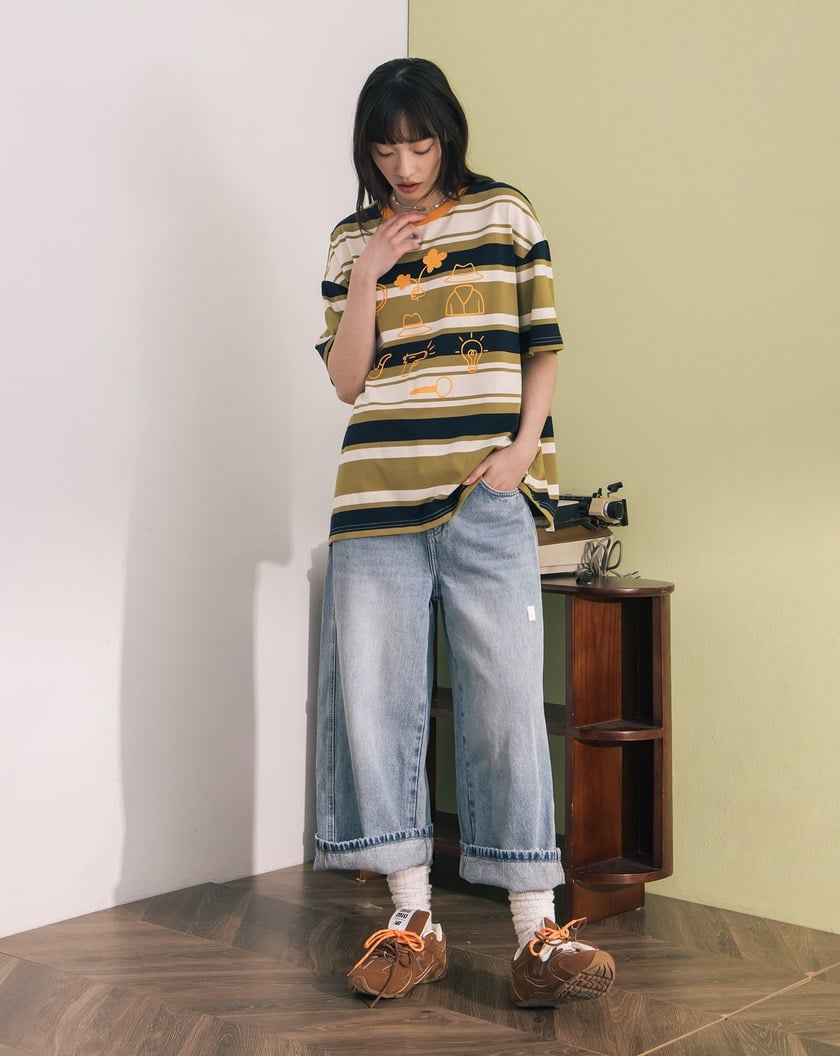 顯瘦剪接刷色直筒八分牛仔褲