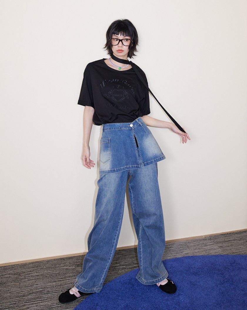 A｜顯瘦刷色不對稱腰頭兩件式牛仔褲(兩色)