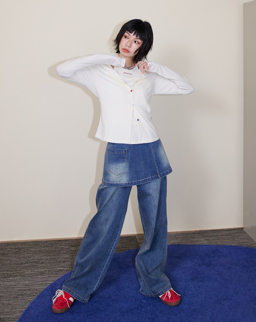 A｜顯瘦刷色不對稱腰頭兩件式牛仔褲(兩色)