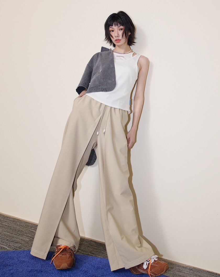 A｜好比例配色壓線裙片造型寬褲(兩色)
