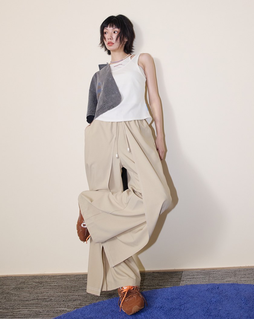 A｜好比例配色壓線裙片造型寬褲(兩色)