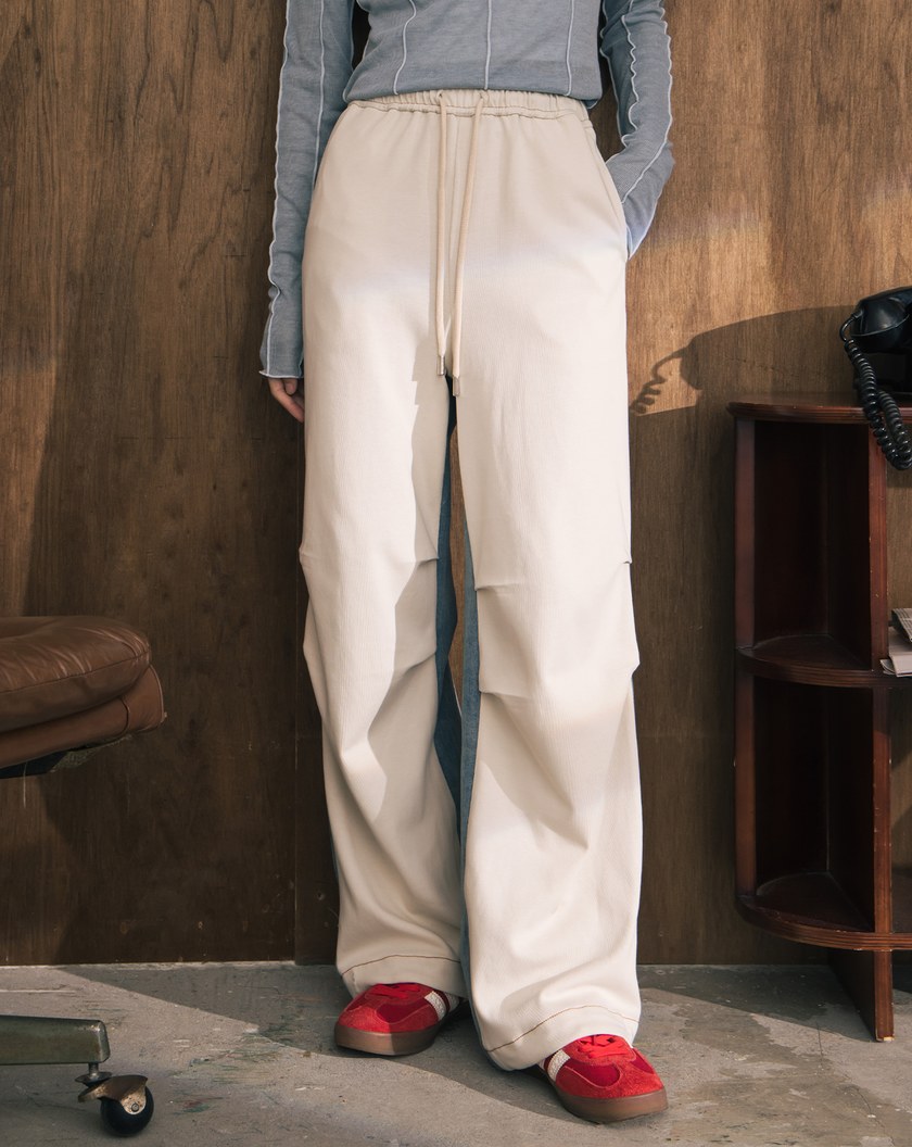 A｜異材質拼接立體打褶抽繩牛仔寬褲(兩色)