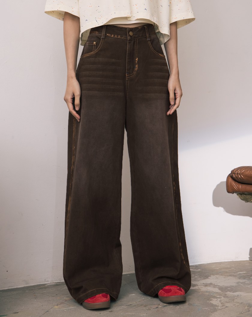 A｜復古風線條刷色水洗牛仔寬褲(兩色)