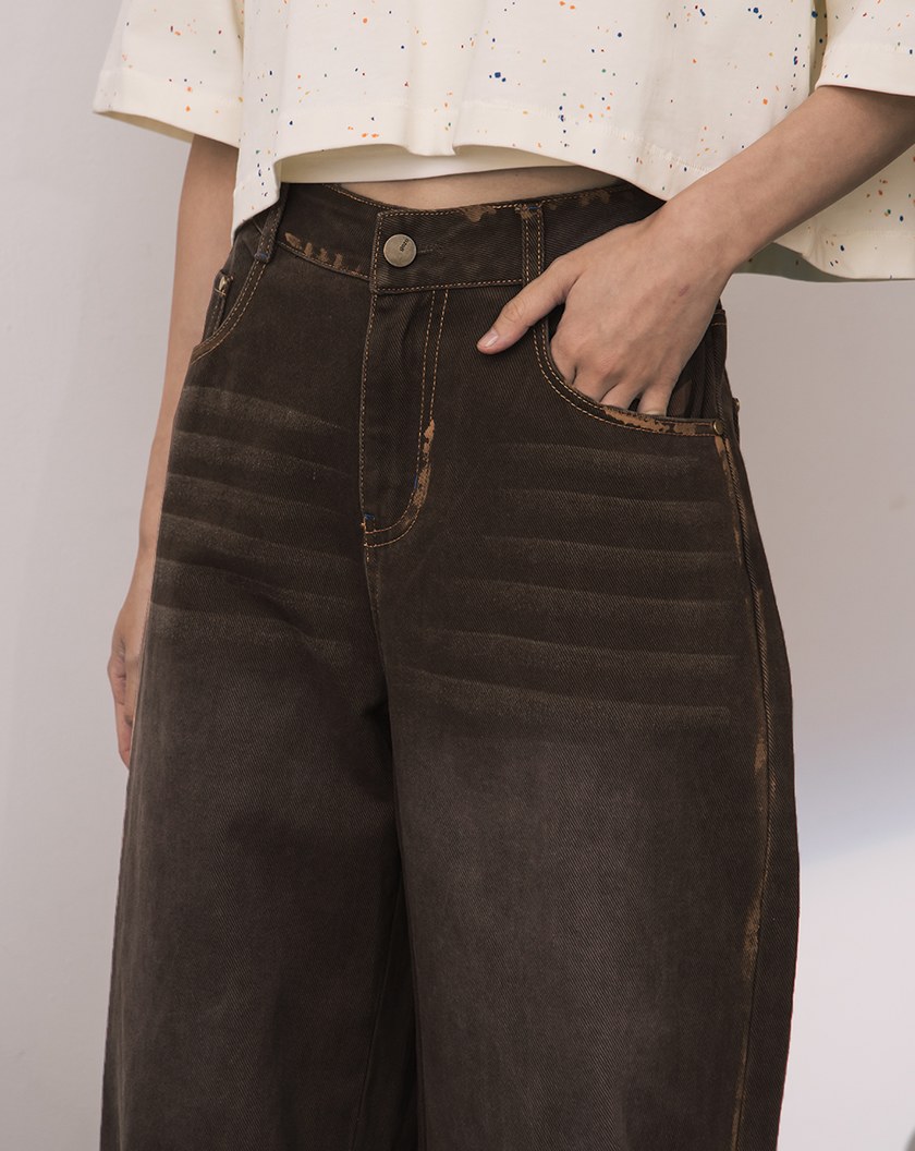 A｜復古風線條刷色水洗牛仔寬褲(兩色)