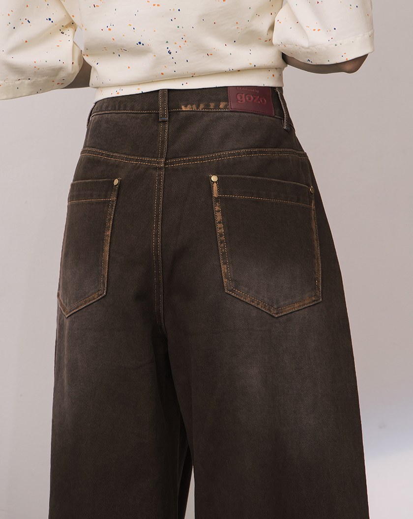 A｜復古風線條刷色水洗牛仔寬褲(兩色)