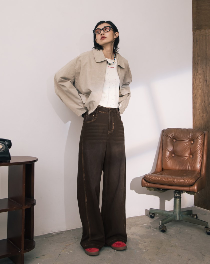 A｜復古風線條刷色水洗牛仔寬褲(兩色)