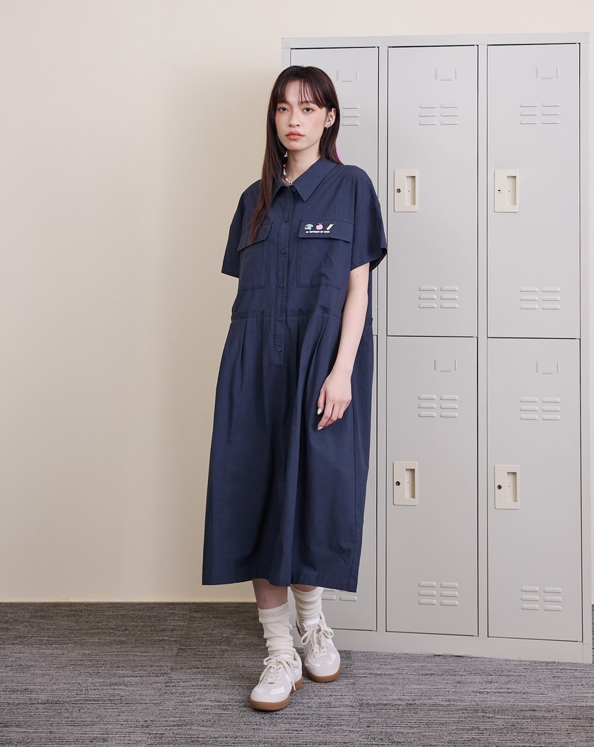 涼感天絲復古電器刺繡短袖洋裝(兩色)