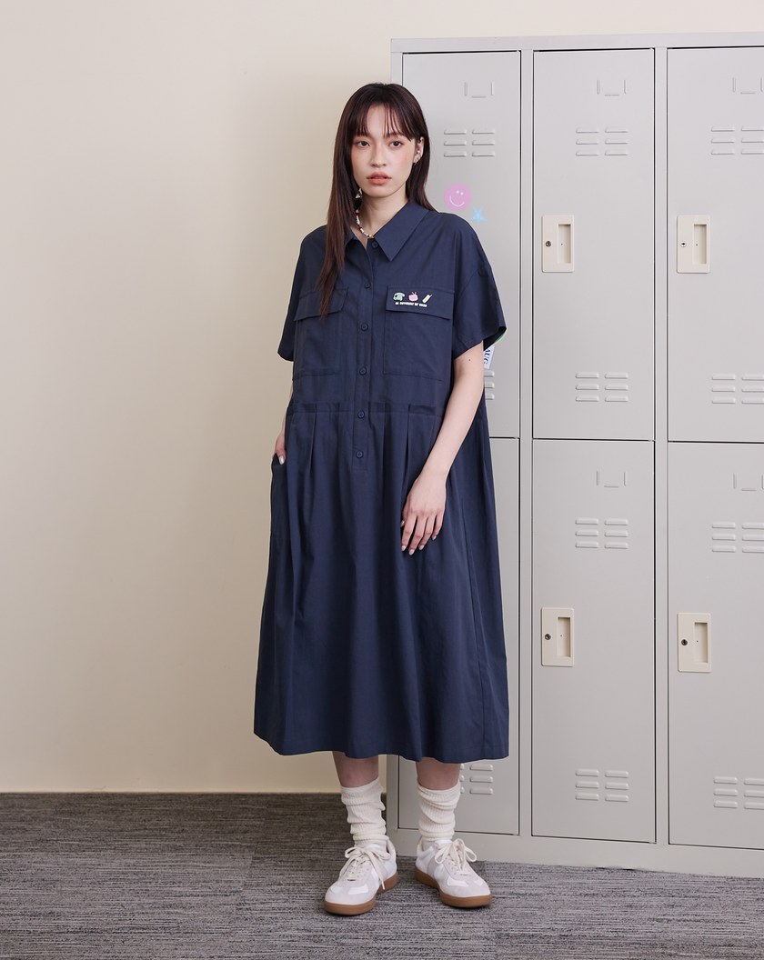 涼感天絲復古電器刺繡短袖洋裝(兩色)