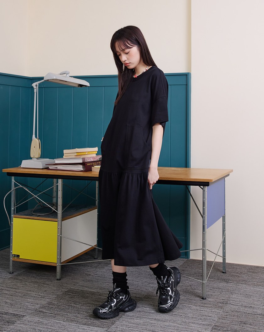 大口袋剪接短袖洋裝(兩色)