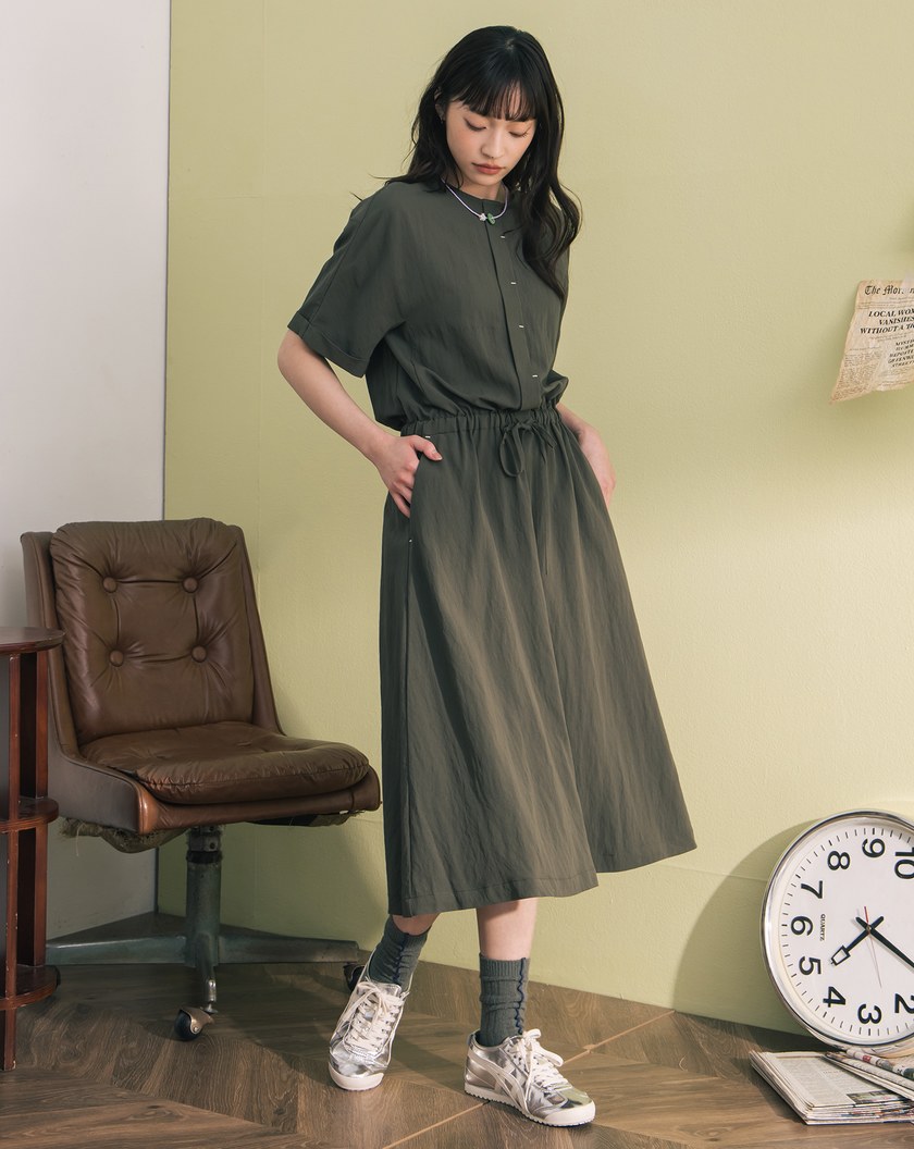 半開襟抽繩收腰短袖洋裝(兩色)
