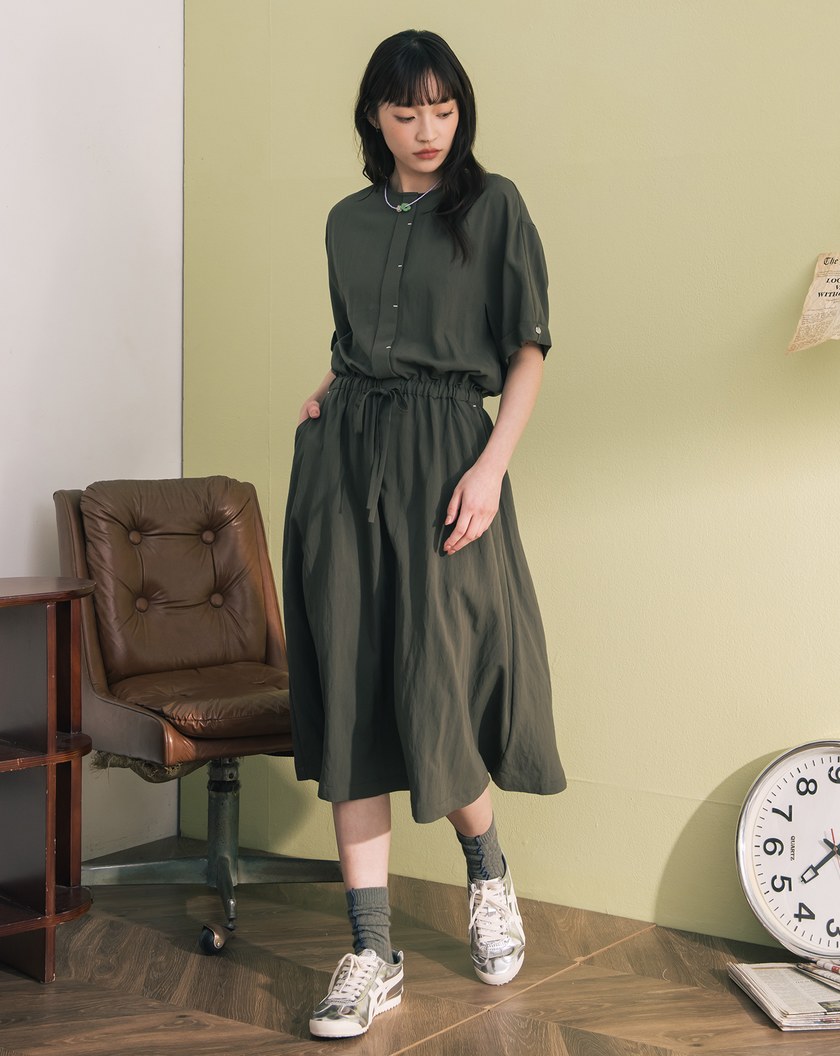 半開襟抽繩收腰短袖洋裝(兩色)