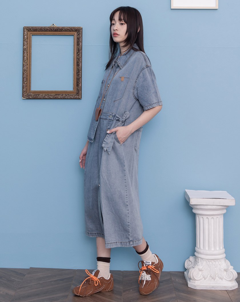 涼感天絲不對稱開襟短袖牛仔洋裝