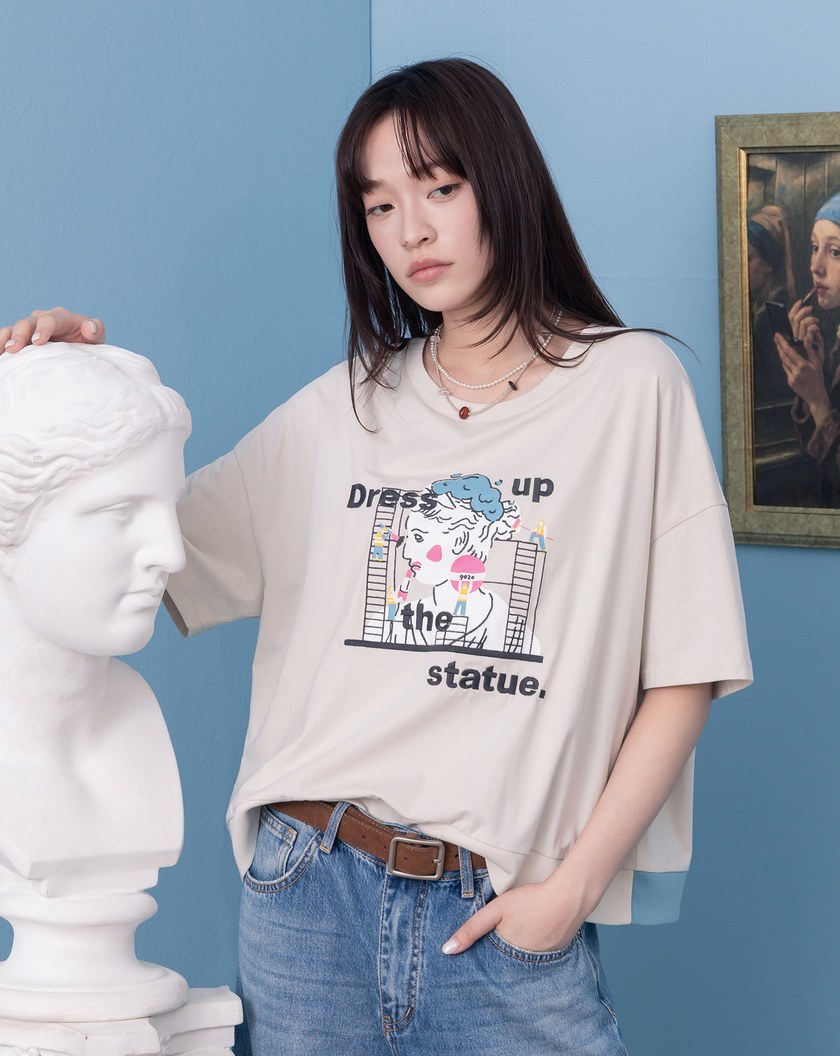 為雕像化妝下擺配色羅紋T恤(兩色)