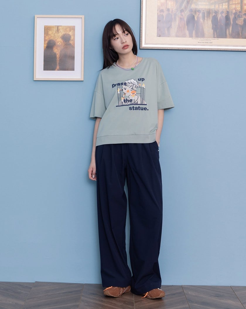 為雕像化妝下擺配色羅紋T恤(兩色)