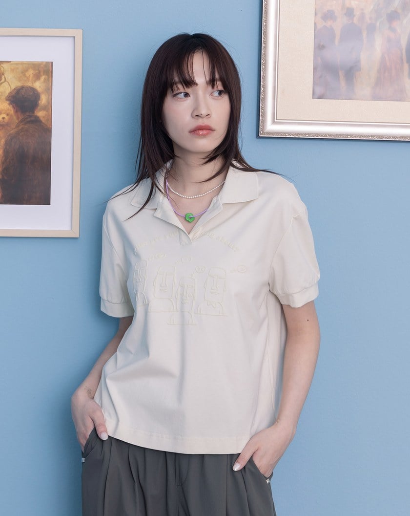 石像表情圖澎袖polo領涼感上衣(兩色)