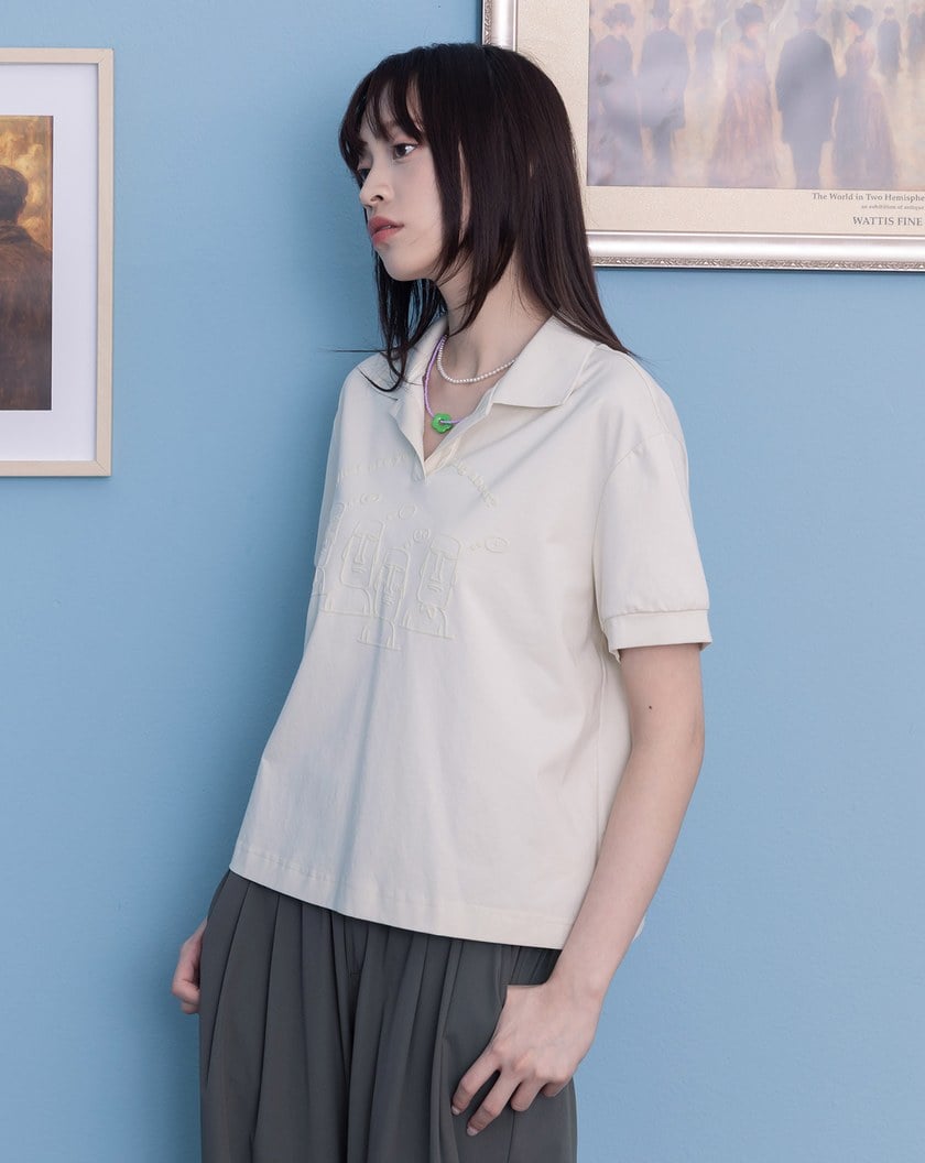 石像表情圖澎袖polo領涼感上衣(兩色)