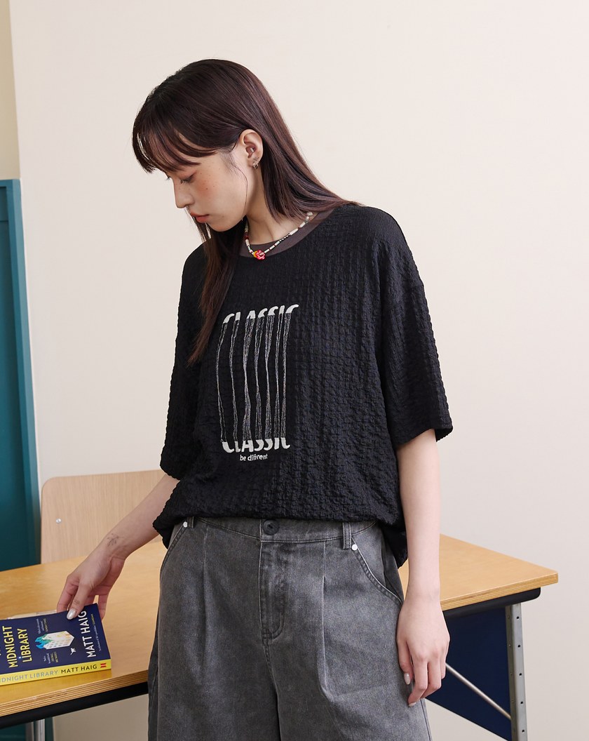 CLASSIC漂浮感繡花皺皺織紋上衣(兩色)
