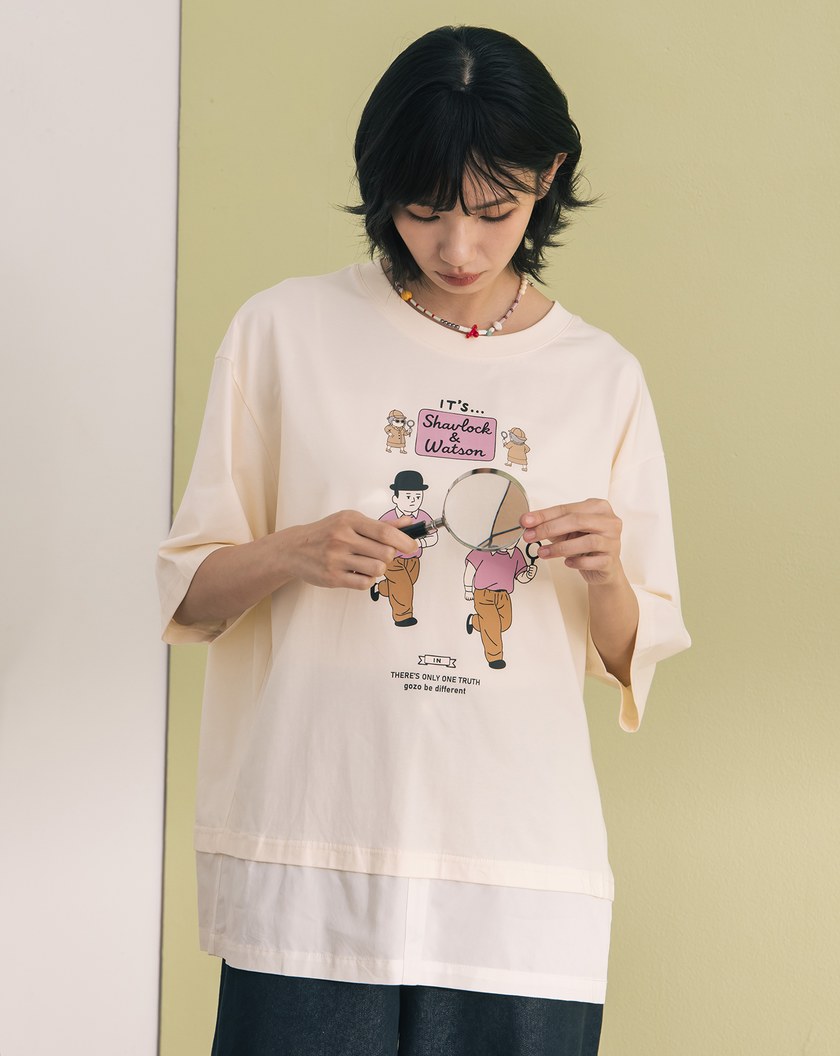 偵探人物塗鴉造型假兩件涼感T恤(兩色)