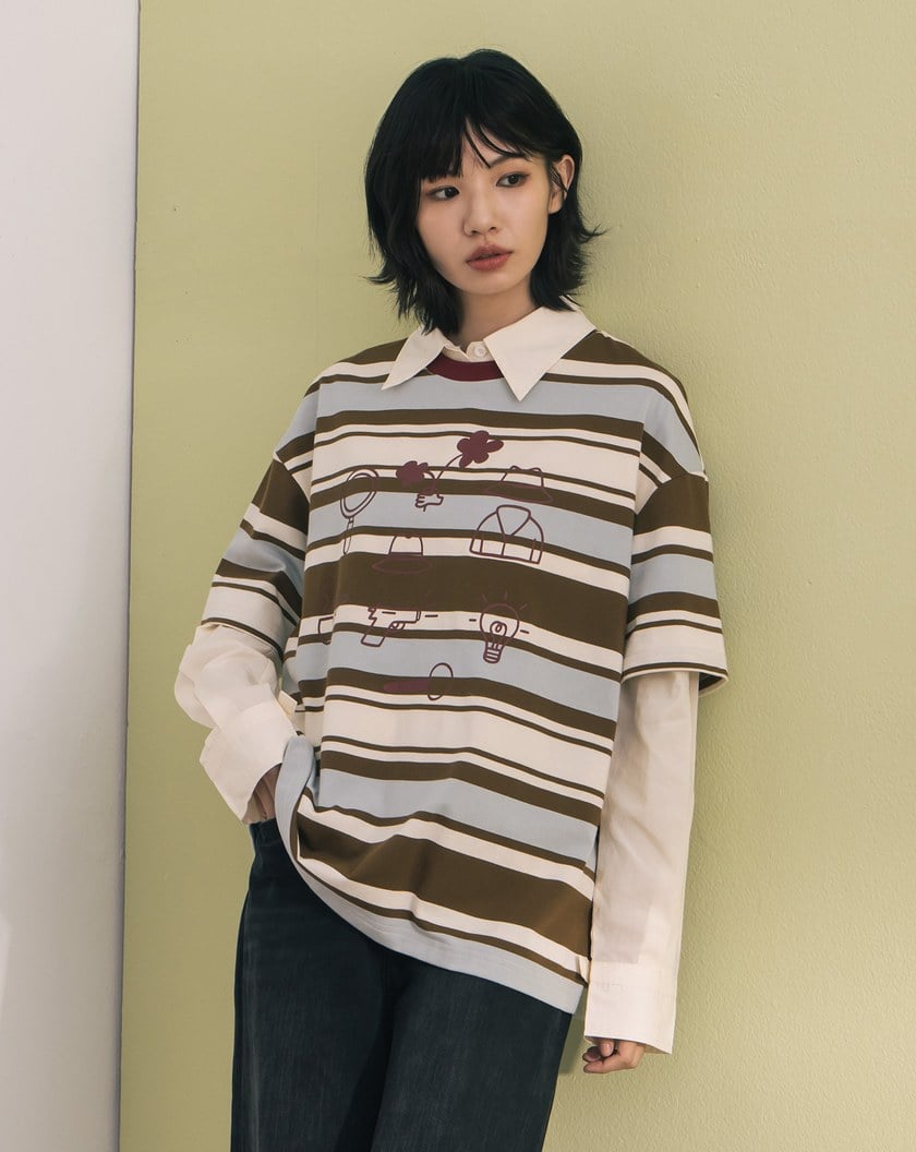 手繪小物繡花撞色條紋T恤(兩色)