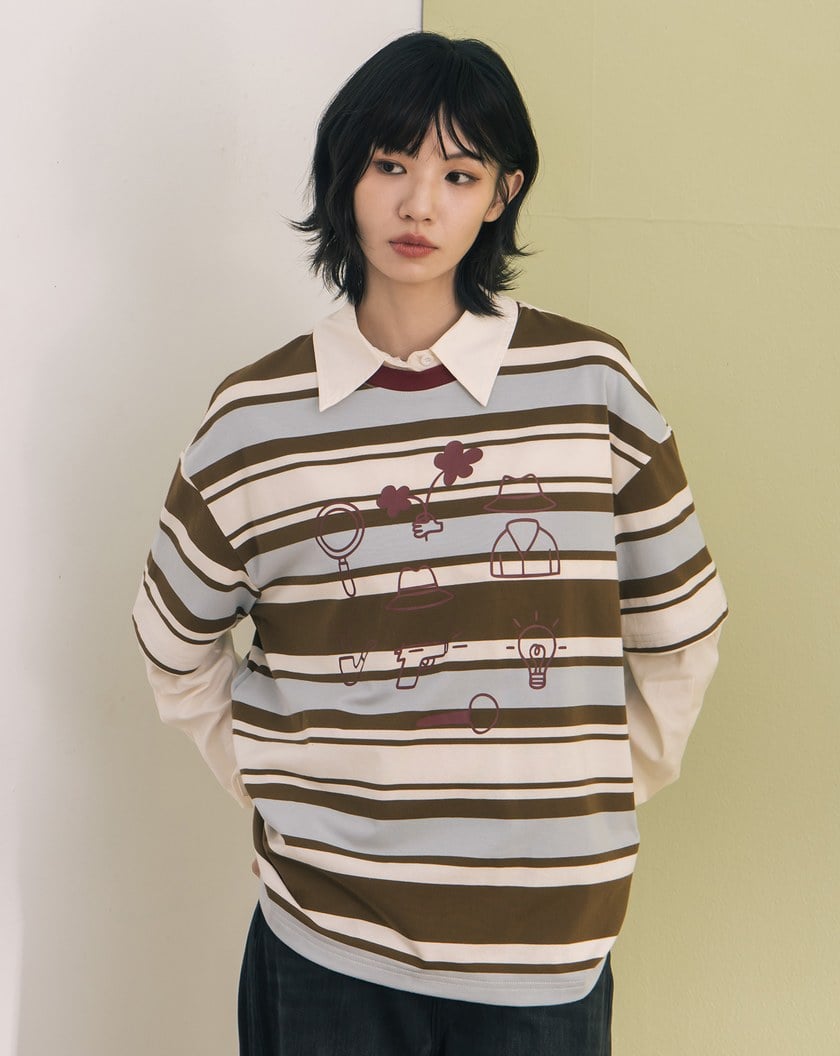 手繪小物繡花撞色條紋T恤(兩色)