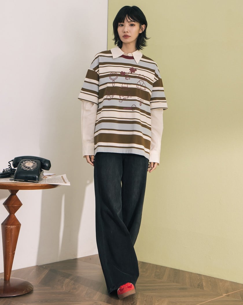 手繪小物繡花撞色條紋T恤(兩色)
