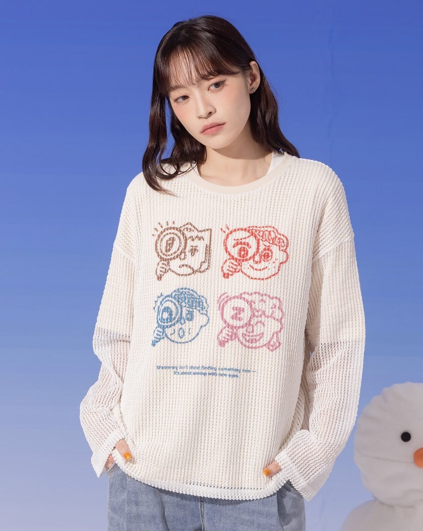 彩色人頭印花抗菌假兩件長袖T恤(兩色)