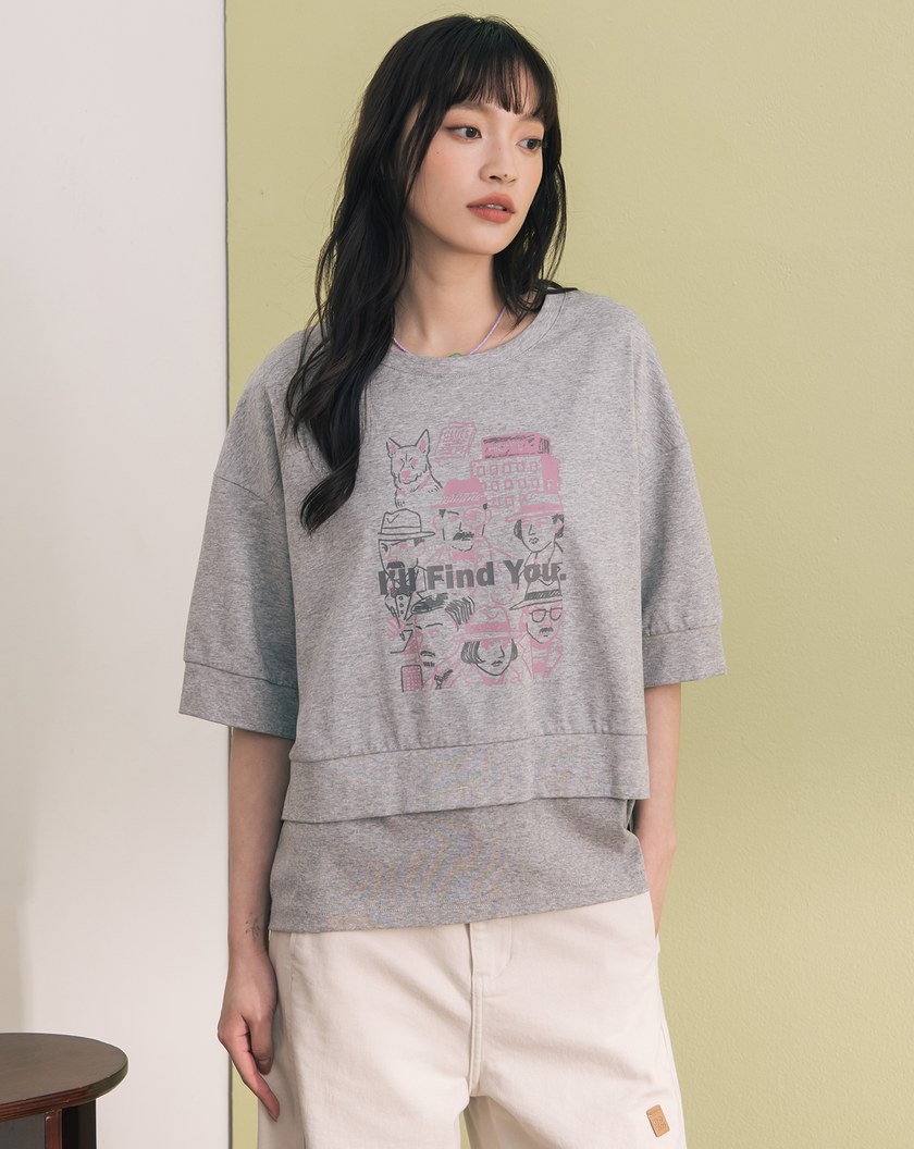 偵探印花假兩件造型涼感T恤(兩色)