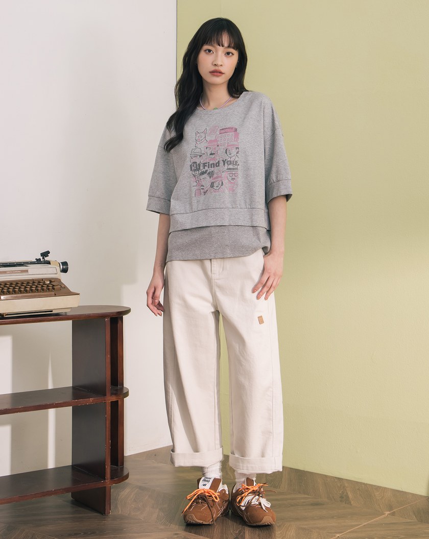 偵探印花假兩件造型涼感T恤(兩色)