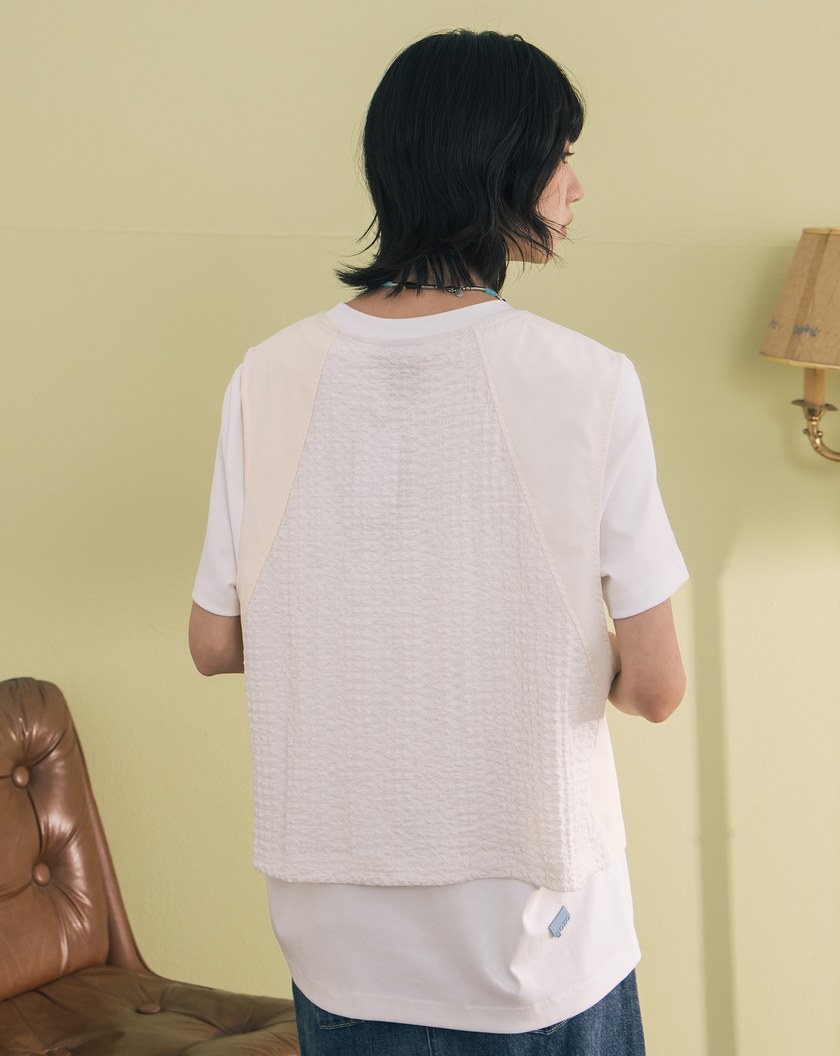 異材質拼接背心兩件式T恤(兩色)