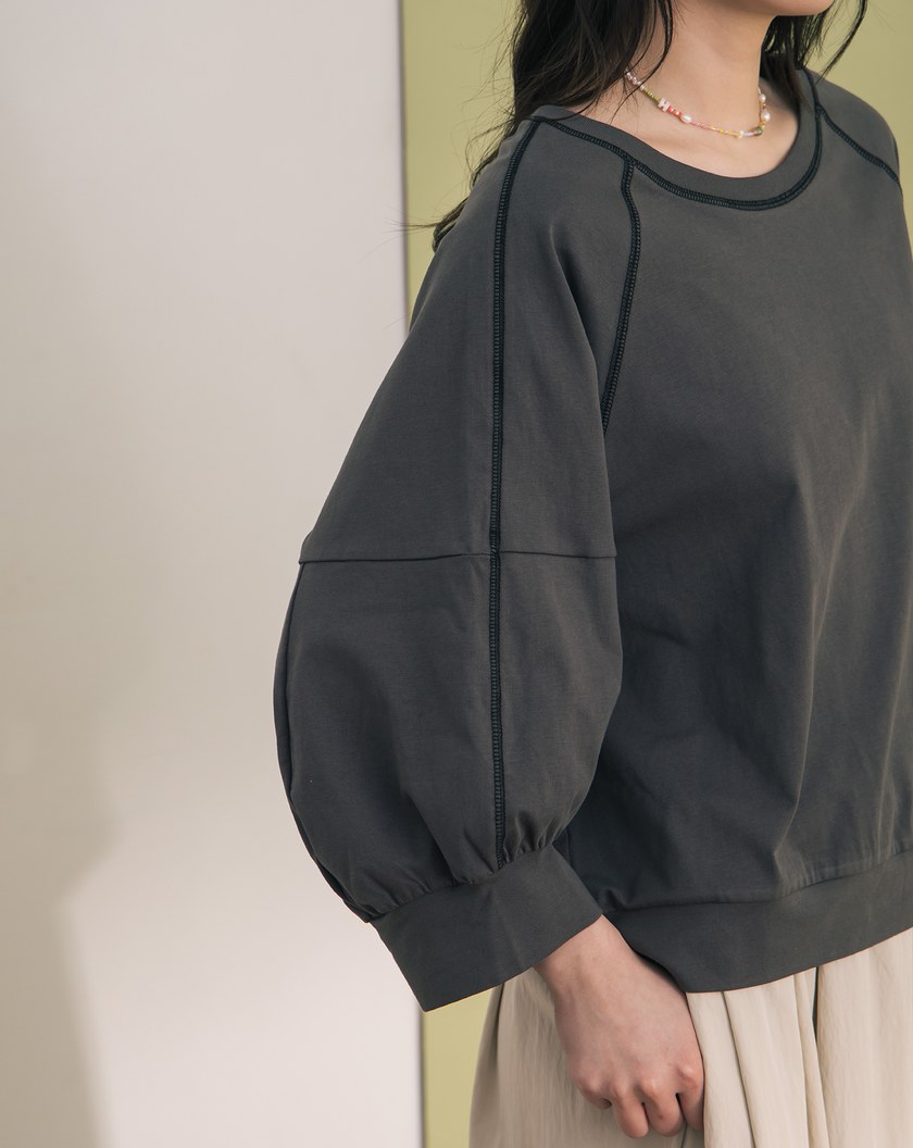 ➤配色壓線七分澎袖涼感上衣