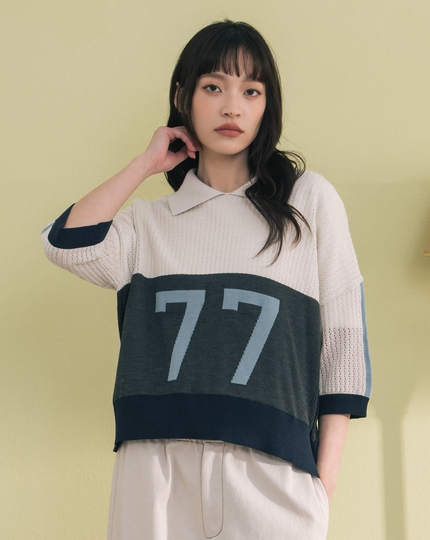 數字撞色拼接polo領針織上衣(兩色)