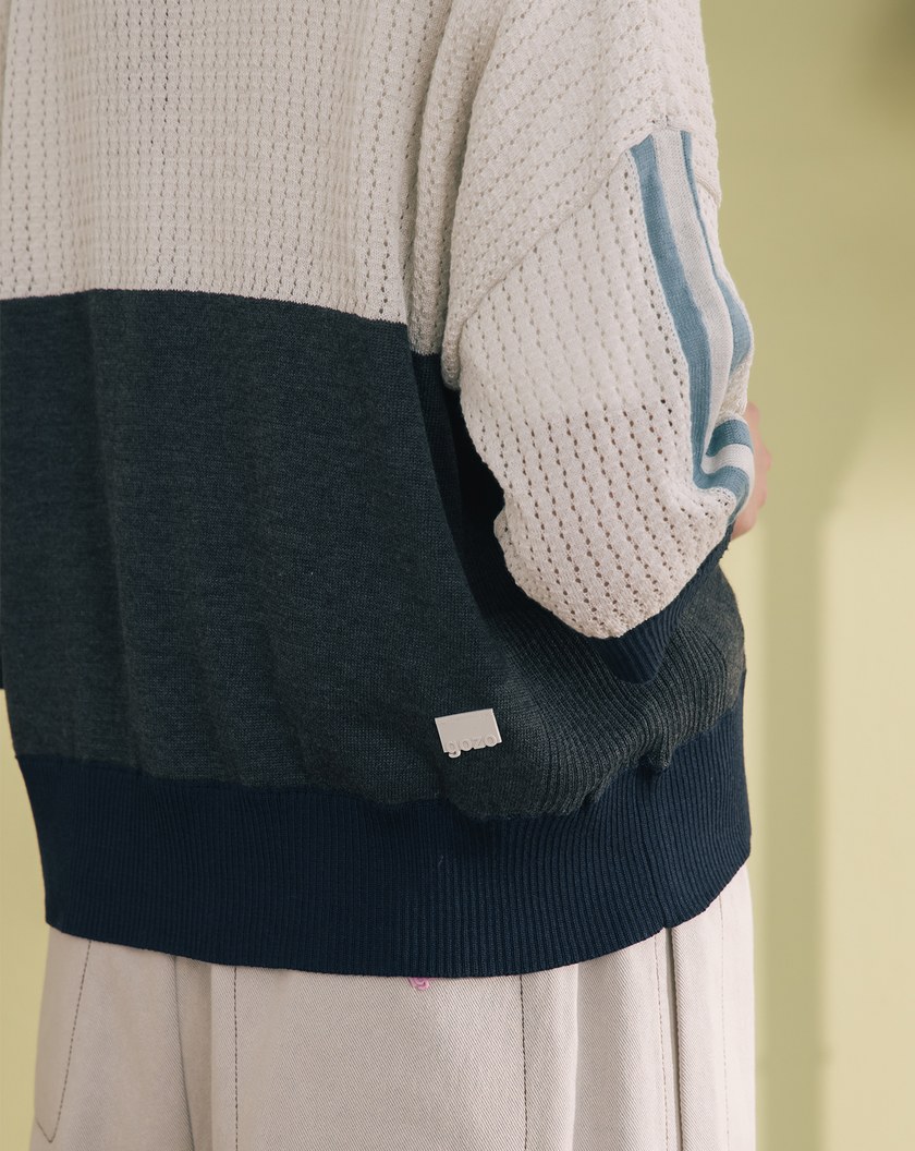 數字撞色拼接polo領針織上衣(兩色)