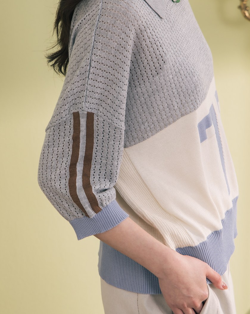 數字撞色拼接polo領針織上衣(兩色)