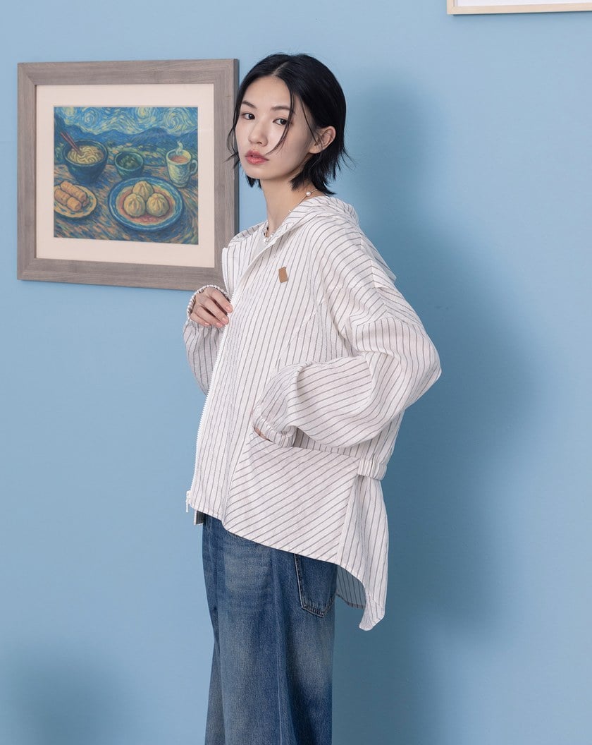 涼感天絲抗皺條紋輕薄連帽外套(兩色)