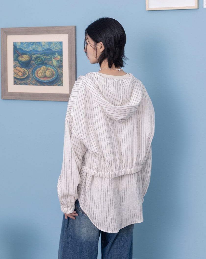 涼感天絲抗皺條紋輕薄連帽外套(兩色)