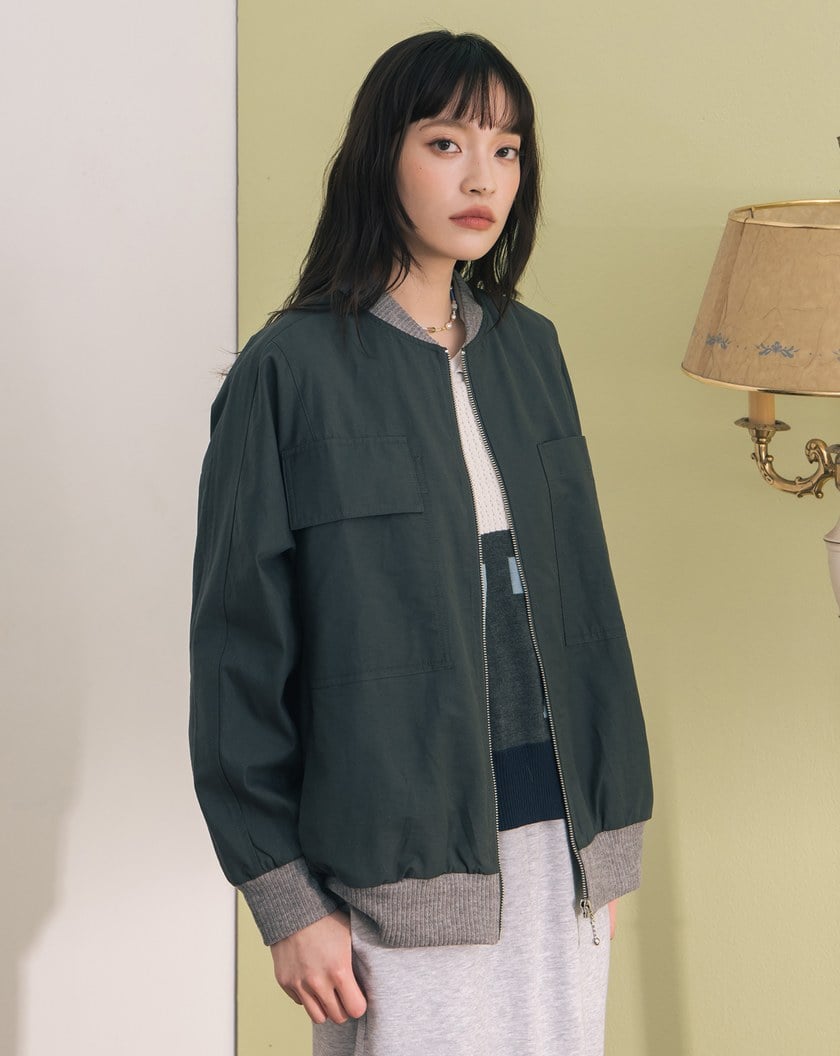 異材質拼接棒球領連袖外套(兩色)