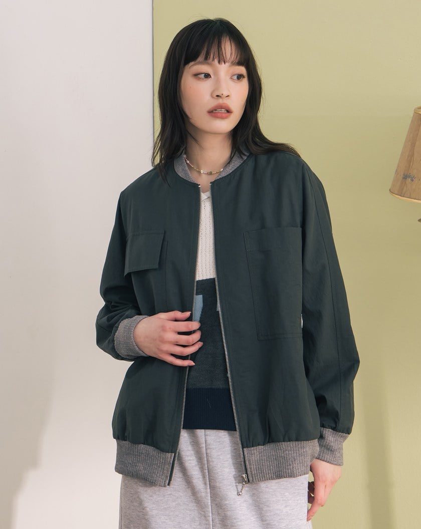異材質拼接棒球領連袖外套(兩色)