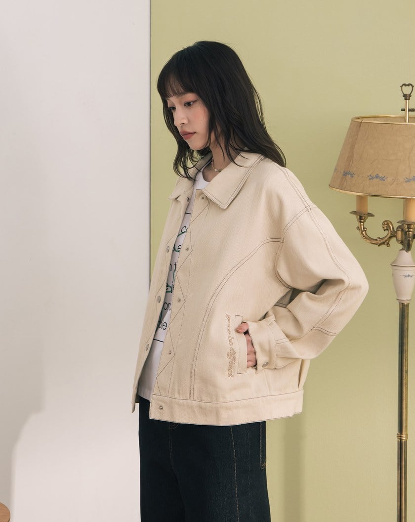 ➤配色壓線口袋撞色刺繡襯衫外套(兩色)