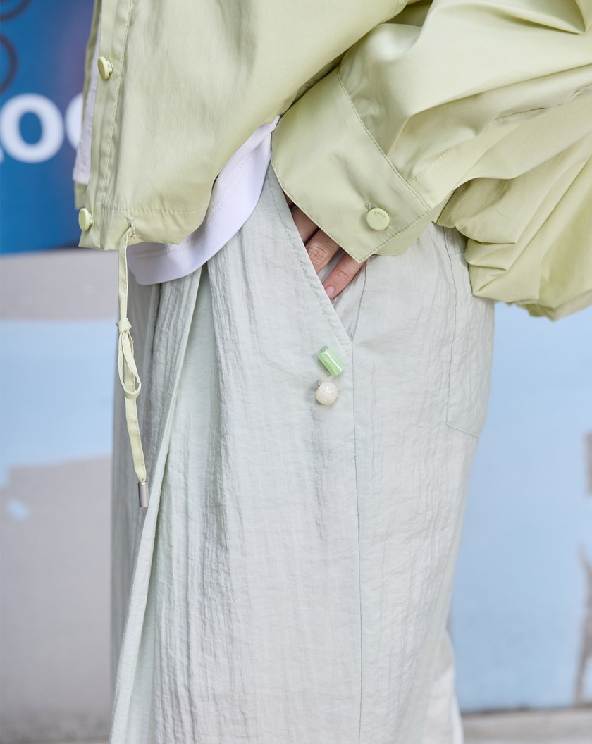 ➤蛋糕裝飾涼感抗皺打褶寬褲(淺綠)