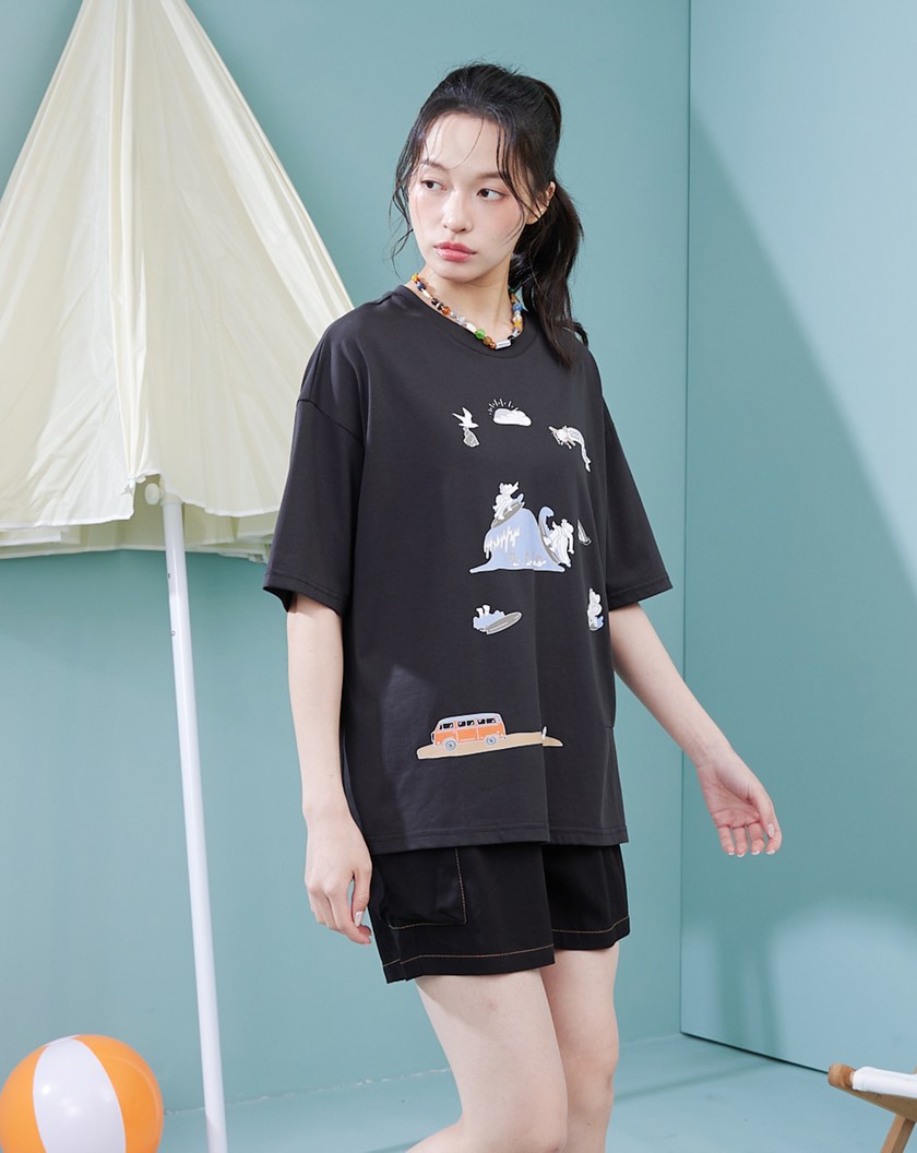 ➤海邊風景抓褶擴型涼感T恤(兩色)