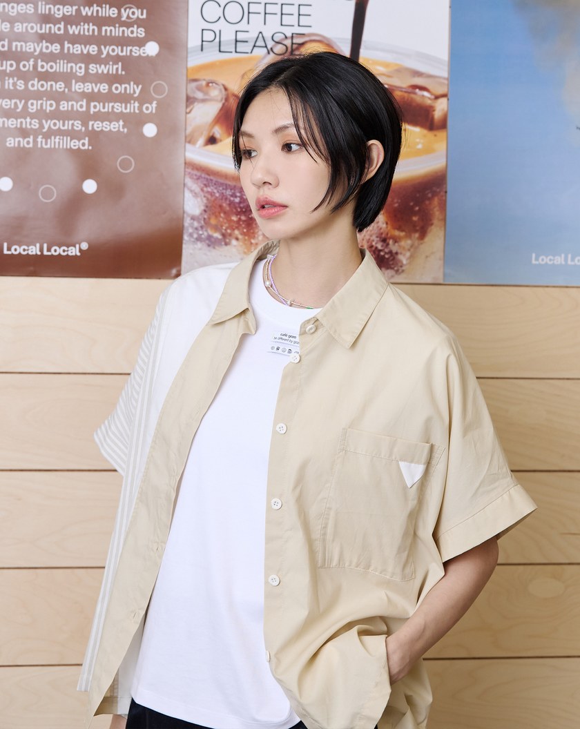 涼感天絲條紋拼接連袖襯衫(兩色)