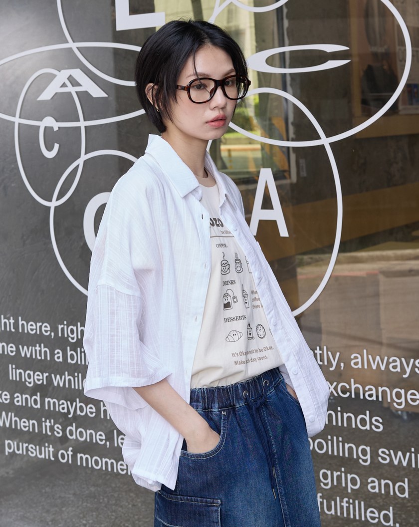 咖啡杯蕾絲緹花純棉擴型襯衫(兩色)