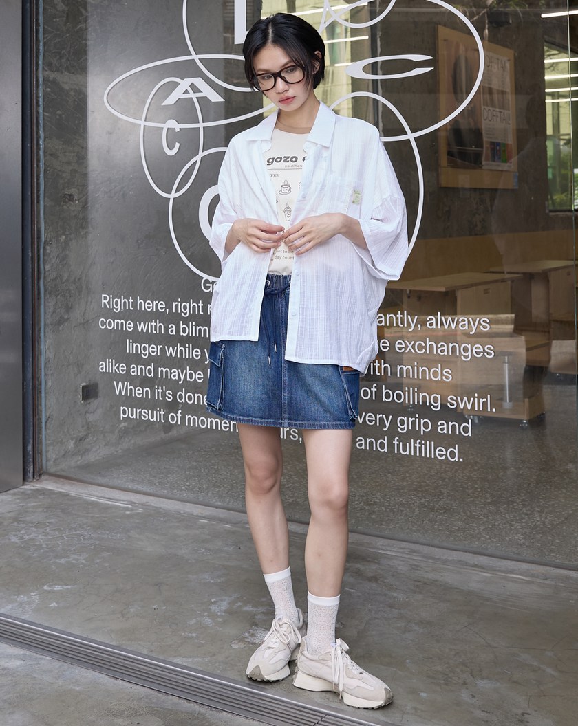 咖啡杯蕾絲緹花純棉擴型襯衫(兩色)