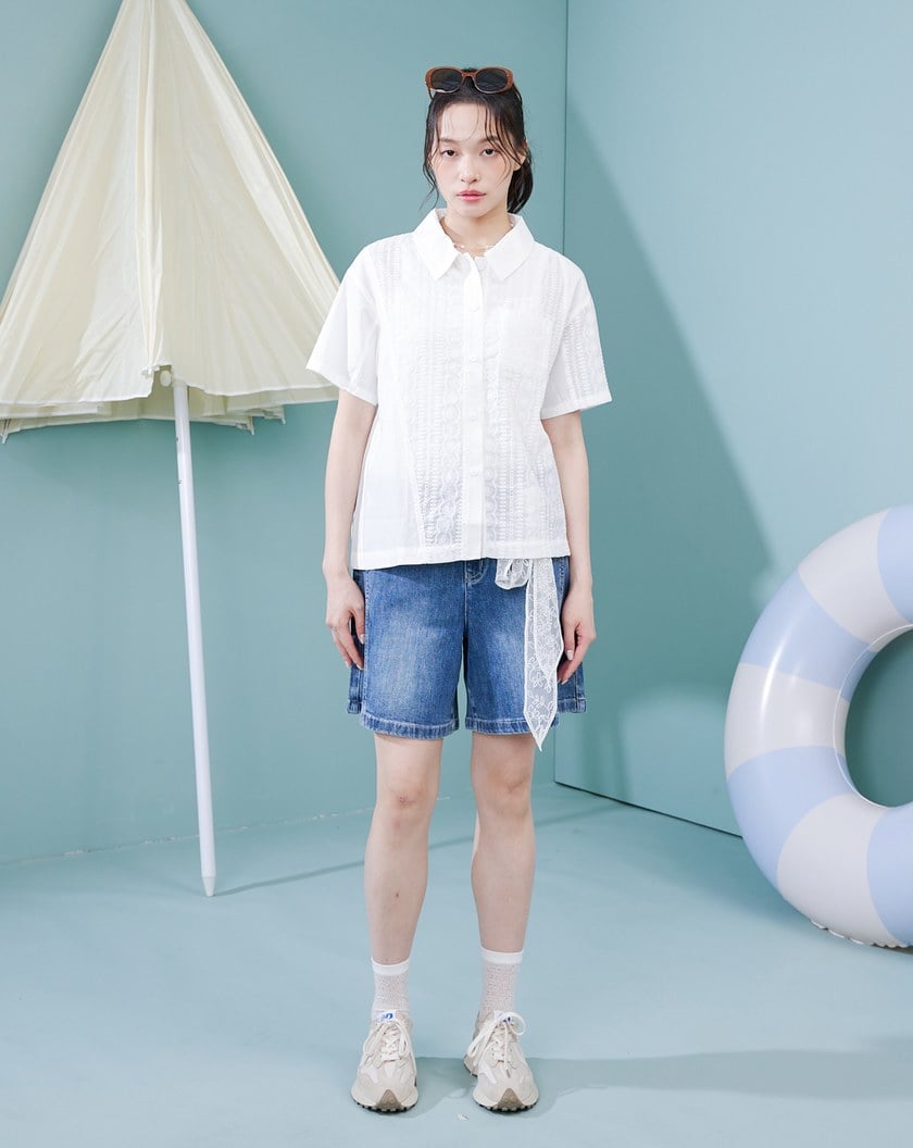 雪紡繡花拼接天絲襯衫(兩色)