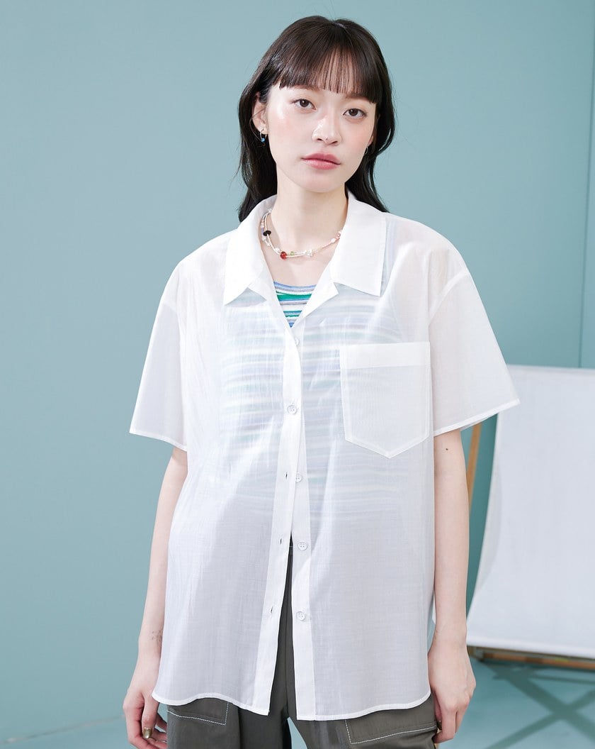涼感天絲透膚繭型短袖襯衫(兩色)