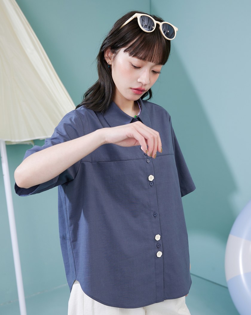 造型配色扣繭型短袖襯衫(兩色)